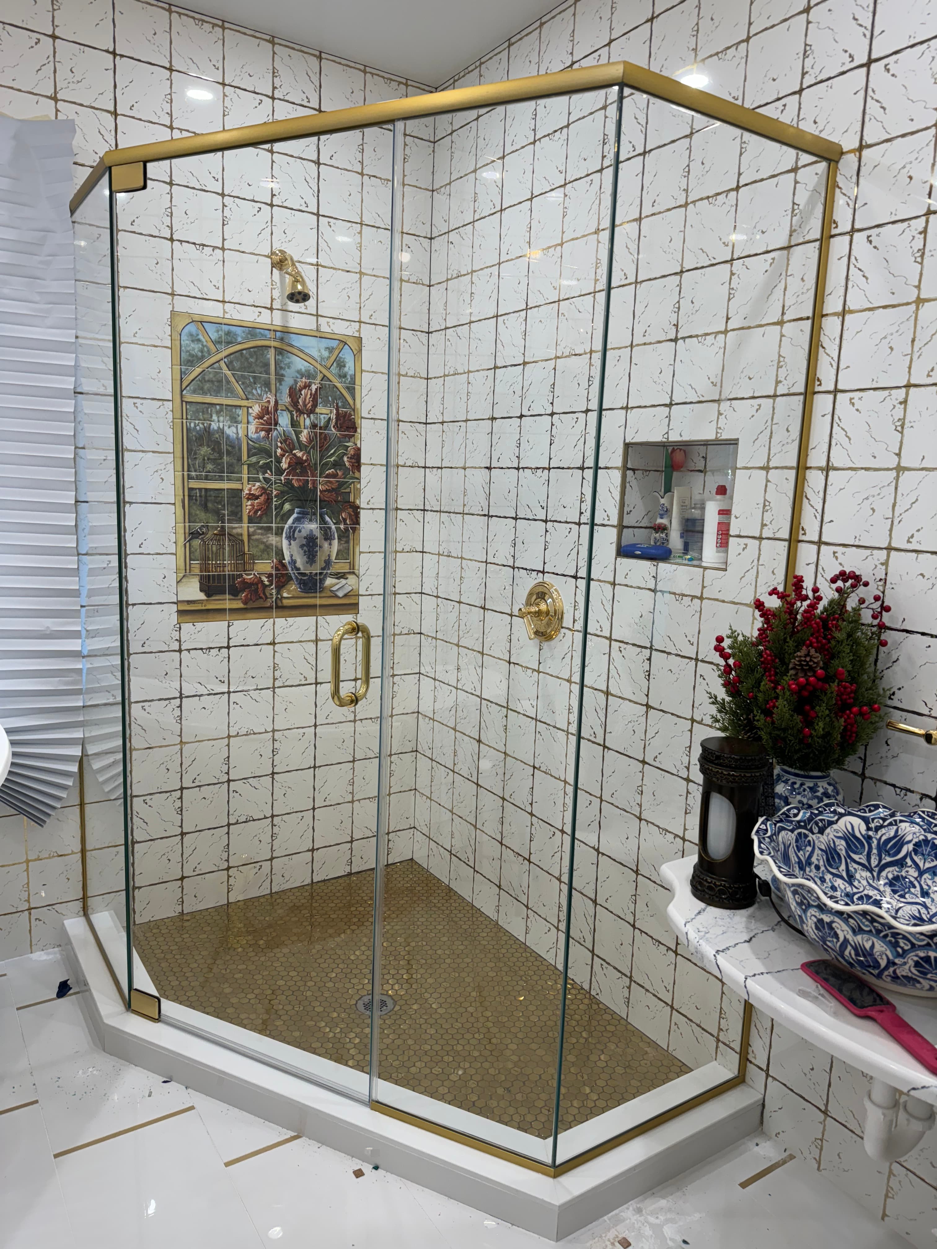 Neo-Angle shower door installation in Monsey