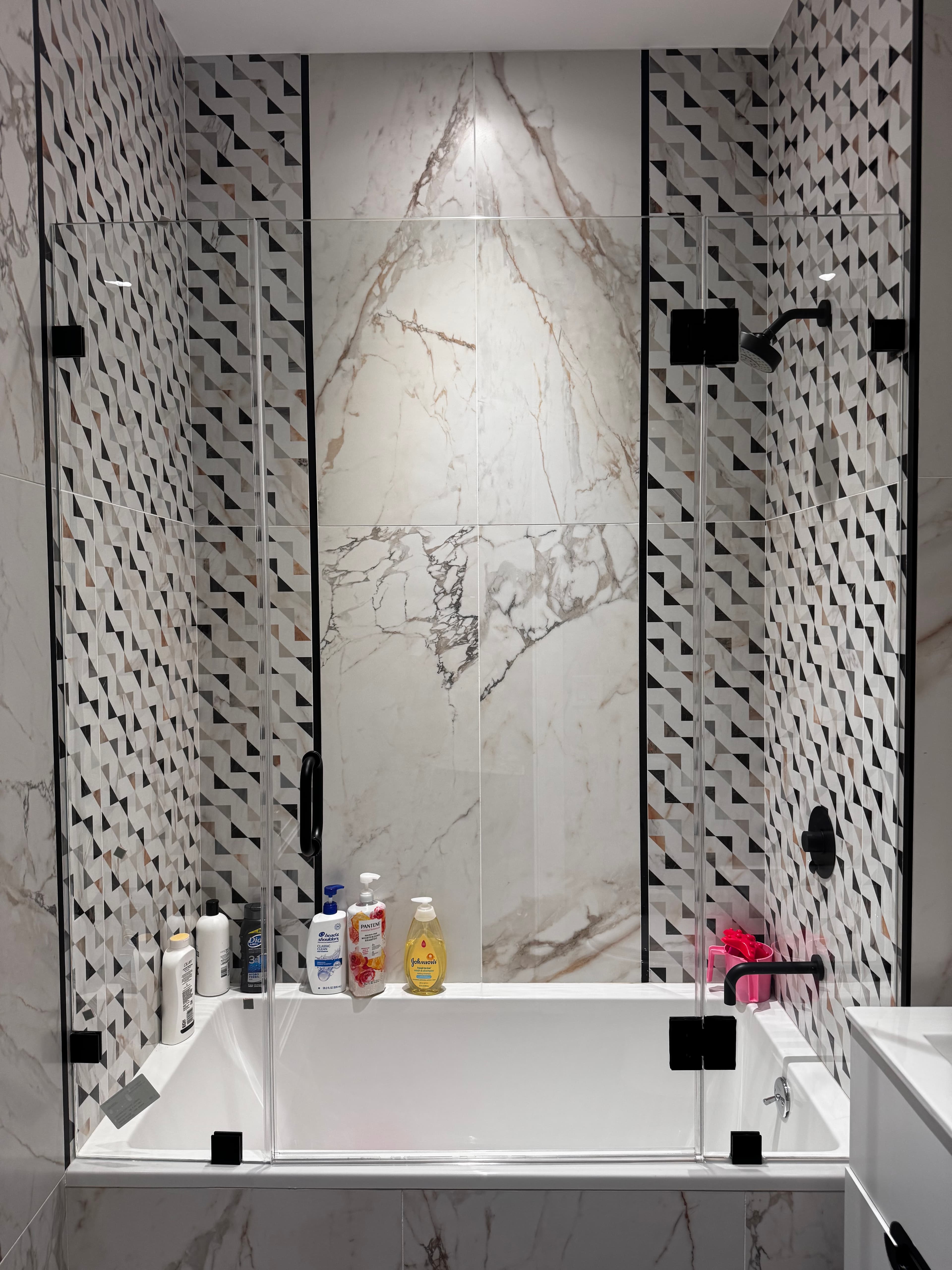 Panel + Door + Panel shower door installation in Monsey